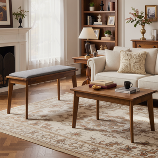 Sunvega Upholstered Dining Bench with Walnut Finish and Flat Tapered Legs