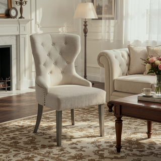 Sunvega Tufted Dining Chair with Nailhead Trim and Brown Legs in Beige