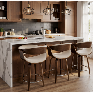 Sunvega Mid-Century Modern Counter Stool Set with Walnut Frame and Cream Fabric
