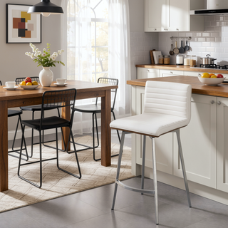 Sunvega Mason Swivel Counter Stool with Tufted Faux Leather Seat and Walnut Wood Back