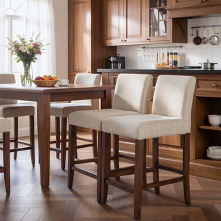 Sunvega Dorian Beige Fabric Counter Chair Set of 2 with Teak Wood Frame