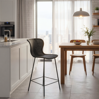 Sunvega Brown Faux Rattan Metal Counter Chair Set with Timeless Inviting Aesthetic