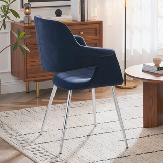 Sunvega Glam Art Deco Chair with Blue Velvet Upholstery and Chrome Metal Legs Set of 2