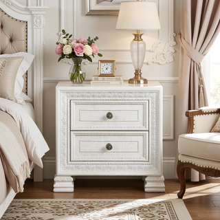 Sunvega Classic Luxury Pearl White Finish Nightstand with 2 Dovetail Drawers Dart Molding