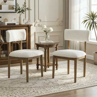 Sunvega Set of 2 Walnut Oak Dining Chairs with Beige Sherpa Fabric and Open Back
