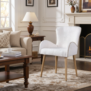Sunvega Beige Boucle Upholstered Side Chair with Oak Finish and Metal Legs