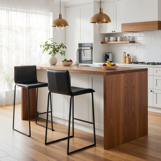 Sunvega Modern Black Faux Leather Barstools with Metal Base and Footrest Set of 2