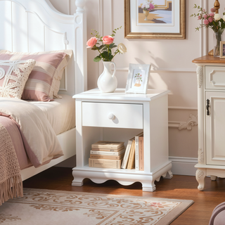 Sunvega Transitional White Solid Wood Nightstand with Drawer and Storage Shelves