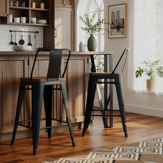 Sunvega Industrial Metal and Wood Bar Stool Set of 2 with Curved Back and Footrest