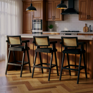 Sunvega Modern Ebony Black Boucle Resin Webbing Bar Stool Set with Arms