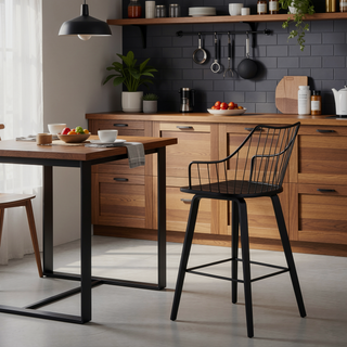 Sunvega Winston Farmhouse Counter Stool with Wood Seat and Metal Spindle Backrest