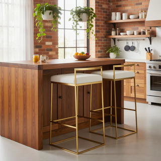 Sunvega Gold and White Faux Leather Upholstered Fixed Bar Height Barstool Set
