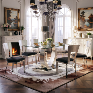 Sunvega Contemporary Silver Metal Frame Oval Back Dining Chairs with Black Microfiber Seat