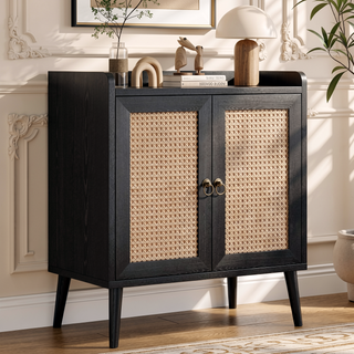 Sunvega Medieval Style Buffet Cabinet with Rattan Doors and Baffle Strip Design
