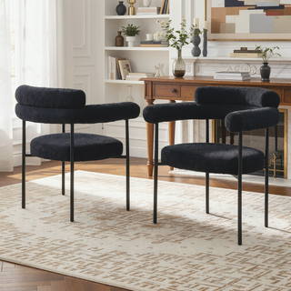 Sunvega Modern Boucle Fabric Upholstered Dining Chair Set with Black Metal Legs