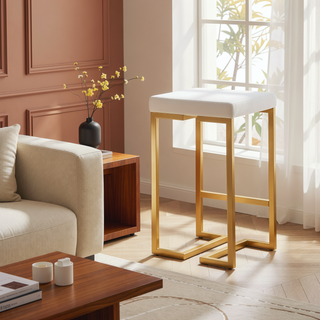 Sunvega Gold Contemporary Glam Counter Stool with White Velvet Cushion Set of 2
