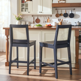 Sunvega Transitional Solid Wood and Rattan Counter Stool Set with Woven Upholstery