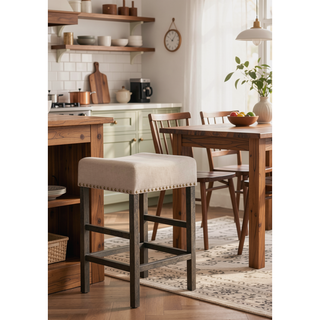 Sunvega Tan Linen & Weathered Oak Finish Counter Height Armless Stool Set of 2