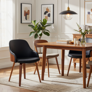Sunvega Mid-Century Modern Dining Accent Chair with Walnut Wood Back and Faux Leather