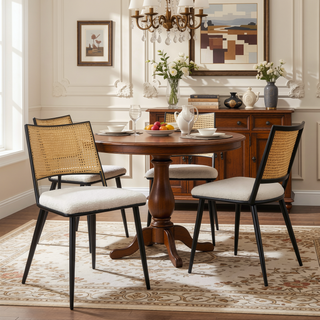 Sunvega Mid-Century Modern Dining Chairs with Rattan Backrest & Thick Boucle Cushion