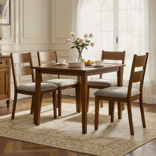Sunvega Set of Two Dining Chairs with Gray Fabric Seat and Brown Wood Legs