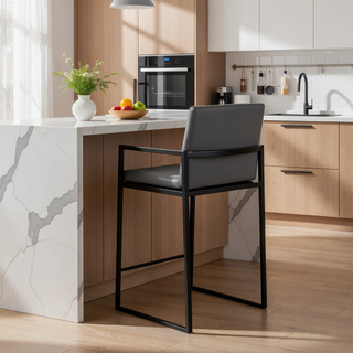 Sunvega Contemporary High Back Counter Stool with Padded Seat and Backrest in Black Steel and Grey Faux Leather - Set of 2