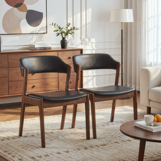 Sunvega Enzo Mid-Century Modern Black PU Leather Dining Chair Set Of 2 with Walnut Base