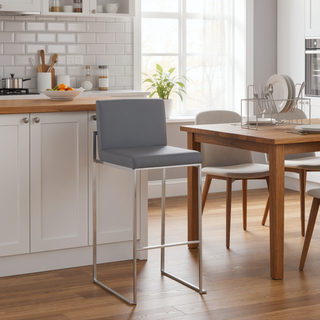 Sunvega Fuji High Back Barstool Set of 3 in Stainless Steel and Grey Faux Leather