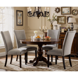 Sunvega Light Gray Flannelette Dining Chairs with Nailhead Trim and Black Wood Legs