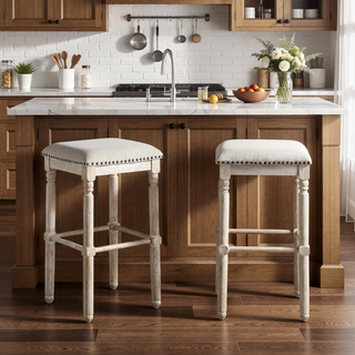 Sunvega Rustic Chic Upholstered Bar Stools in Light Gray with Nailhead Trim