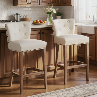 Sunvega Brown Wooden Bar Stools with Cow Top Leather Upholstered Seat and Backs