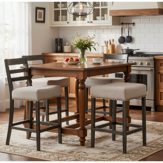 Sunvega Counter Height Stools with Tan Linen Upholstery and Weathered Grey Legs