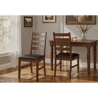 Sunvega Set of 2 Transitional Slat-Back Dining Chairs with Brown Leather Look Upholstery