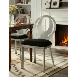 Sunvega Contemporary Silver Metal Frame Oval Back Dining Chairs with Black Microfiber Seat