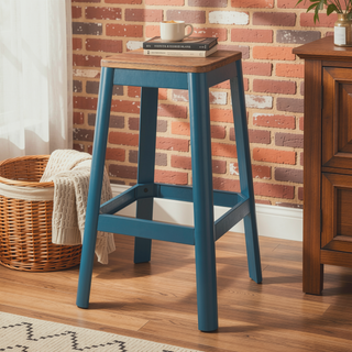 Sunvega Teal Finish Casual Look Bar Stool with Square Wooden Seat and Metal Frame