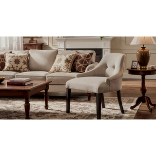 Sunvega Beige Linen Upholstered Dining Chairs with Weathered Espresso Wooden Legs Set of 2