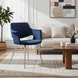 Sunvega Glam Art Deco Chair with Blue Velvet Upholstery and Chrome Metal Legs Set of 2