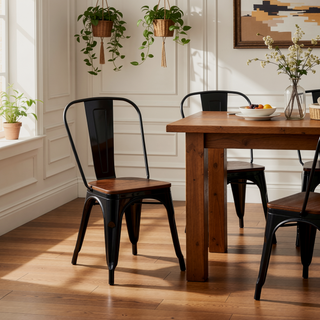 Sunvega High Gloss Black with Walnut Wooden Seat Industrial Metal Dining Chairs Set of 4