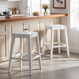 Sunvega Set of 2 White Farmhouse Counter Stools with Wooden Look