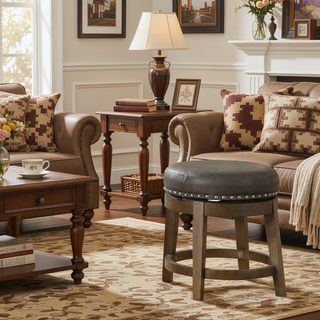 Sunvega Gray Faux Leather Swivel Stools with Nailhead Trim and Solid Wood Frame