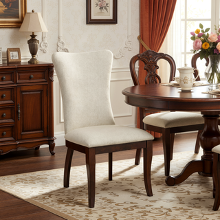 Sunvega Dark Cherry Finish Wooden Dining Chairs with Off-White Fabric Upholstery
