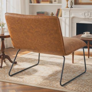 Sunvega Industrial Black Metal and Camel Faux Leather Accent Chair with Tufted Backrest