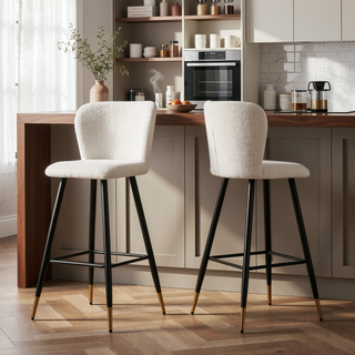 Sunvega Modern Barstool with White Fabric Seat and Black Gold-Tipped Metal Legs