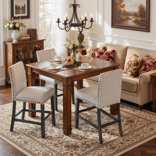 Sunvega Natural Linen Blend Upholstered Counter Dining Chair Set with Antique Gray Wood Legs