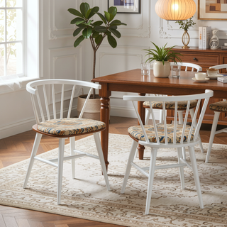 Sunvega Solid Wood Windsor Dining Chairs with Spindle Back and H Stretcher in White Set of 2