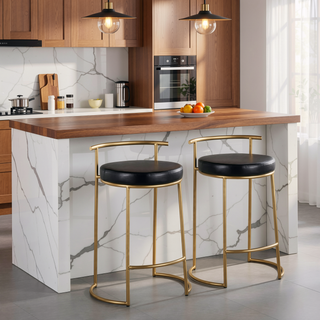 Sunvega Gold Metal Frame Faux Leather Upholstered Fixed Counter Stool Set of 2