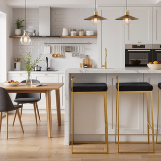 Sunvega Gold Metal Frame Barstool with Black Velvet Cushion Set of 3