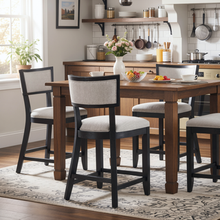 Sunvega Solid Rubber Wood Upholstered Counter Stools Set of 2 with Backrest and Footrest
