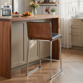 Sunvega Mason Mara Contemporary Fixed-Height Counter Stool with Faux Leather and Walnut Wood