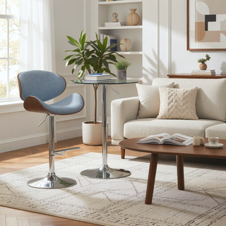 Sunvega Bentwood Adjustable Swivel Bar Stool in Denim Blue Linen Fabric